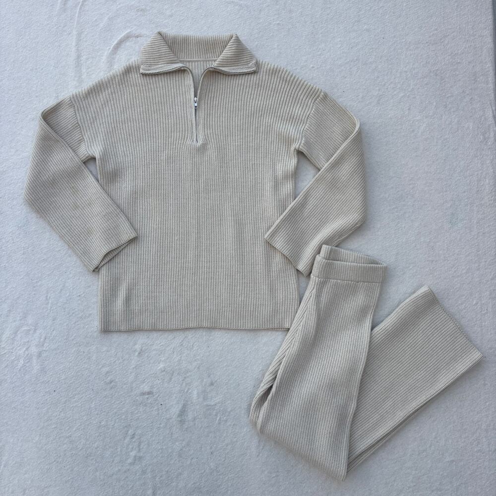 SHEIN EZwear 1/4 Zip Long Sleeve Sweater & Pants Lounge Set Women's Sz XS Beige